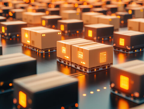 Glowing packages on futuristic conveyor system. Inventory and order processing workflows with glowing