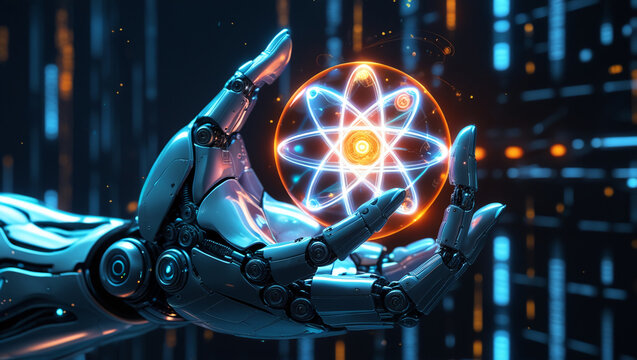 AI Generative. Illustration image of futuristic robotic hand, sleek and metallic with intricate mechanical joints, reaching out and holding a glowing, holographic atom. 6