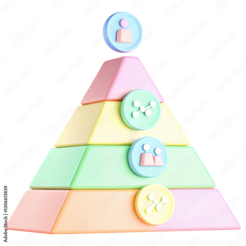 Poster a colorful stacking toy pyramid with various shapes and buttons on each level, designed for educatio