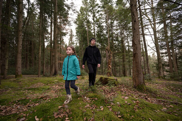 Fototapeta premium Exploring the tranquility of a serene forest path with a child and adult amidst lush greenery and towering trees during a calm afternoon walk
