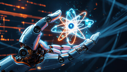 AI Generative. Illustration image of futuristic robotic hand, sleek and metallic with intricate mechanical joints, reaching out and holding a glowing, holographic atom. 12