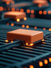 Orange automated package on conveyor with glowing lights. Order fulfillment and order processing systems with glowing