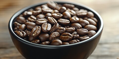 Fototapeta premium Aromatic Dark Roast Coffee Beans in a Black Bowl, Close-Up of Freshly Roasted Coffee for Beverages