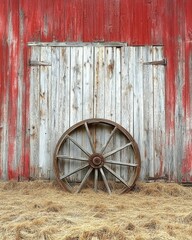 Obraz premium Rustic wooden wagon wheel leaning against a weathered red and white barn. Hay in the foreground. Perfect for country, farm, or vintage themes.