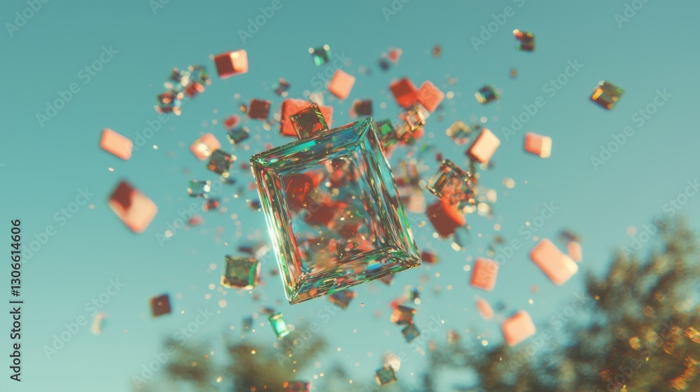 Poster the image features a background design composed of abstract geometric blocks created through 3d rend