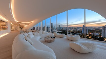Fototapeta premium Luxurious penthouse living room with stunning panoramic views over the city skyline at sunset