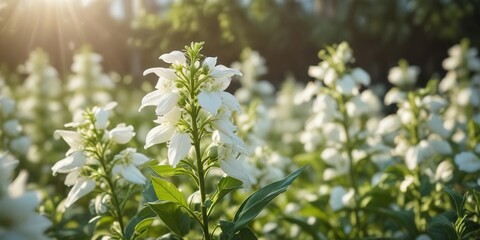 Fototapeta premium Soft focus shot of white flowers blooming on a chili crop, seedling growth, flowering plants, rural entrepreneurship., greenhouses, agricultural technology