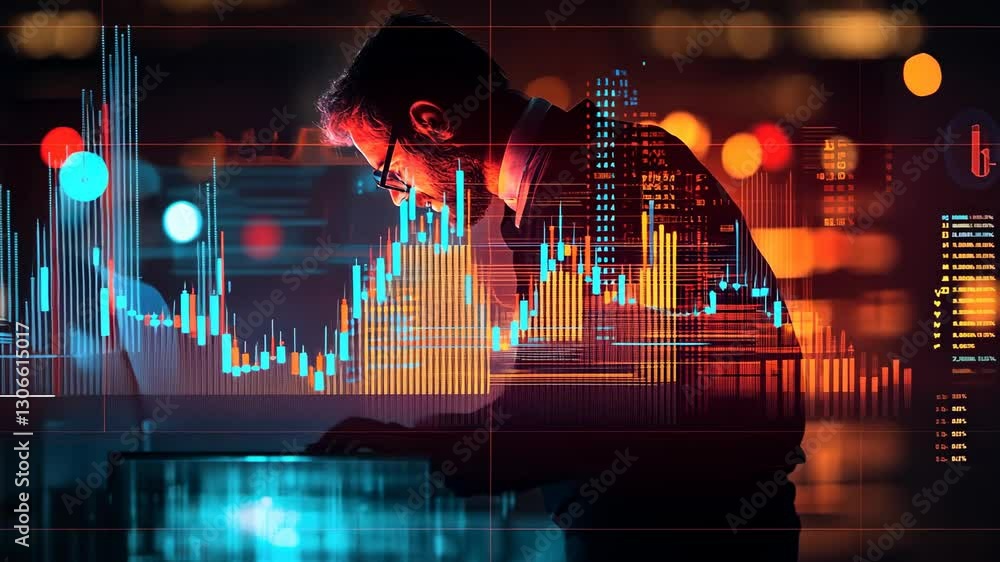 Poster a silhouetted man analyzes financial data on a laptop, surrounded by data visualization graphs.