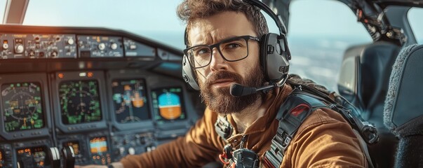Pilot in Cockpit with Headset and Serious Expression During Flight