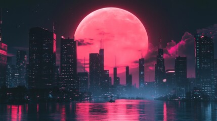 Futuristic City at Night, Pink Moon