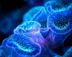 Vibrant blue coral polyps glow undersea.  Stunning close-up showcasing intricate detail and bioluminescence.