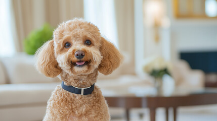 Fototapeta na wymiar a smiling poodle sitting indoors.