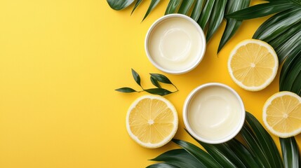 Lemons, bowls, palm leaves on yellow background; summer food, health, recipe concept