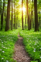 Obraz premium Sun Dappled Forest Path, Peaceful Nature Scene with Lush Green Foliage and Soft Bokeh