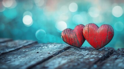 Fototapeta premium two red wooden hearts on rustic wooden background