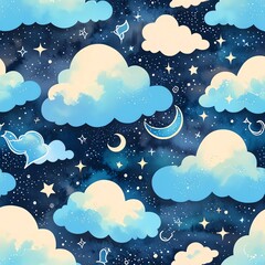 Night Sky Watercolor Cloudscape: A Dreamy Celestial Pattern