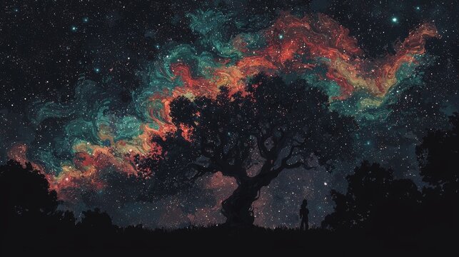 A visionary, chromatic representation of a rainbow-hued tree blooming in a terrain of abstract shapes and lines, symbolizing growth and inclusivity for LGBTQ+ Pride Month