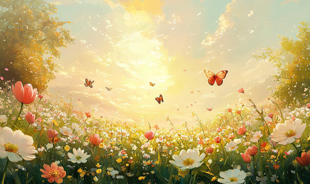 In the spring background, all kinds of flowers bloom and butterflies fly