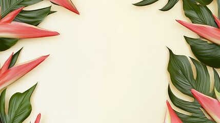 Red and Green Tropical Leaves Frame on Beige Background