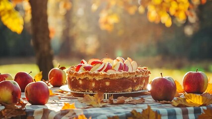 Delicious apple pie surrounded by fresh apples and autumn leaves in a sunlit outdoor setting - Powered by Adobe