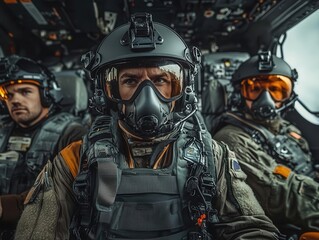 Fototapeta premium Military Crew in Tactical Gear Inside Helicopter Cockpit