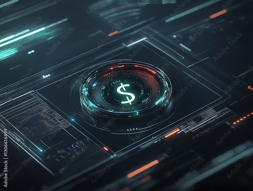 Poster analyzing financial data trends with digital currency symbols in a futuristic data environment
