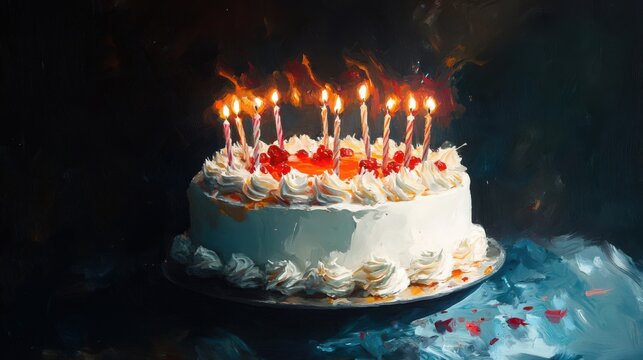 Celebratory layered cake with lit candles, delectable dessert for momentous occasion