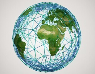Stylized digital globe logo, featuring interconnected lines and dots to symbolize global connectivity and advanced technology, in cybernetic blue and digital green colors, white background