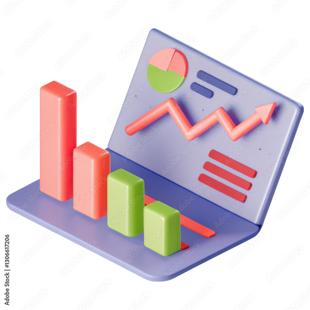 Poster a colorful, three-dimensional laptop displaying various graphs, bars, and pie charts representing da