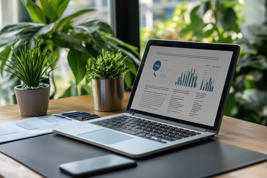 Corporate auditor workspace highlighting sustainability reports and green initiatives for ESG compliance