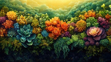 Fototapeta premium Colorful succulent garden, vibrant flowers, sunlit background, nature wallpaper