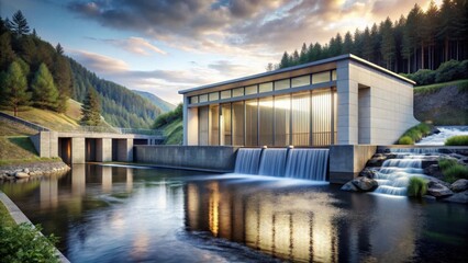 Serene architectural structure with cascading water feature, nestled amidst a tranquil mountain landscape at sunset