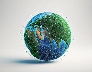 Stylized digital globe logo, featuring interconnected lines and dots to symbolize global connectivity and advanced technology, in cybernetic blue and digital green colors, white background