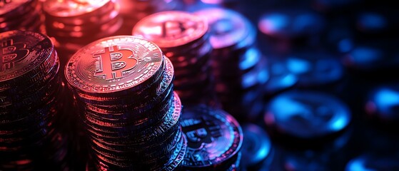 Low-angle view of glowing cryptocurrency coins stacked high