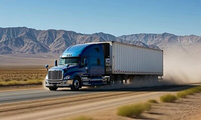Freight Truck Journey Across Desert Landscape: Blue Truck Hauling Goods on a Scenic Highway