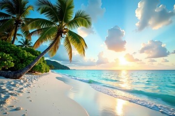 Azure water laps pristine white sand; palm trees silhouette against vibrant sky, sun, day, ocean