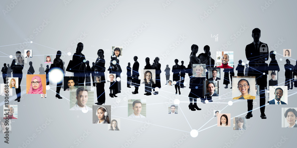 Aufkleber multinational group of people and digital network concept visual
