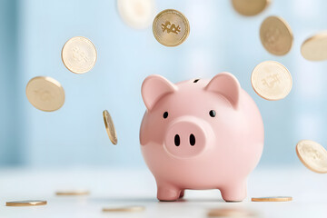 close up of pink piggy bank with coins falling around it, symbolizing savings and financial growth. scene evokes sense of optimism and prosperity