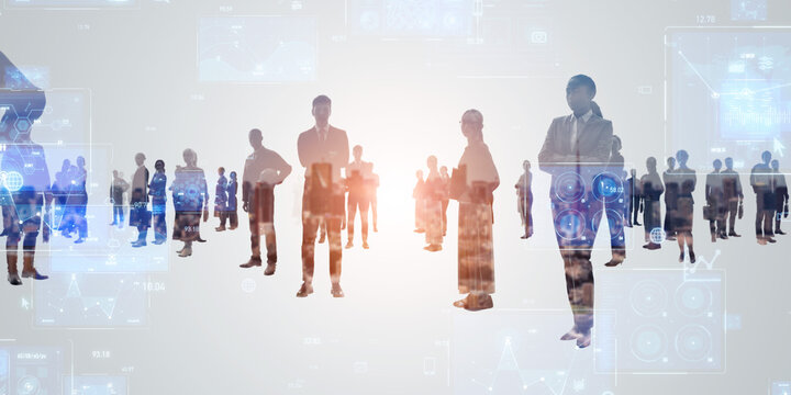 多国籍の人々のグループとデジタルテクノロジーのコンセプトビジュアル