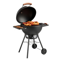 Black Spherical Kettle Grill Cooking Sausages on Grate
