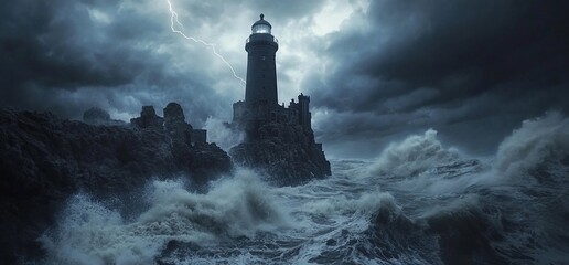 Fototapeta premium Lighthouse Stormy Sea Coast Dramatic Scene