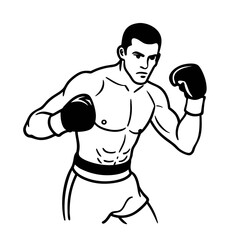 Fototapeta premium Boxer in fighting pose determined athlete with gloves, ready for competition strength and boxing stance, outline illustration