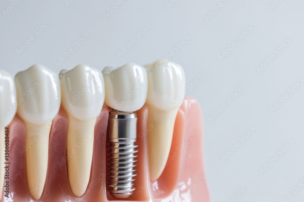Poster high quality dental implant displayed on smooth white background with focus on metal texture details