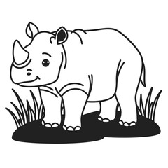 Obraz premium Cute rhino illustration in black and white, standing amid grass animal design with playful expression and simple lines