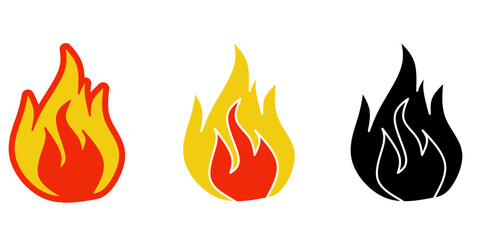 A set of three fire flame icons in red, yellow, and black. Perfect for warning signs, fire safety, hot temperature symbols, or energy-related graphics. Vector illustration