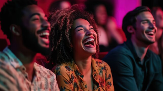 Joyful gathering of diverse friends laughing at a comedy performance in a cozy theater setting