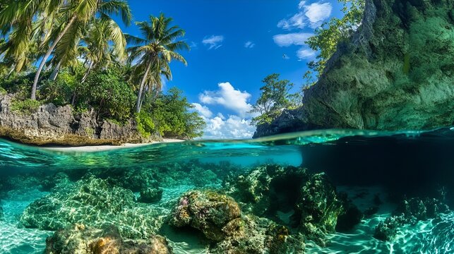 palm-fringed tropical lagoon showing a clear blue water, abundant marine life under the surface, and glimpses of nearby caves
