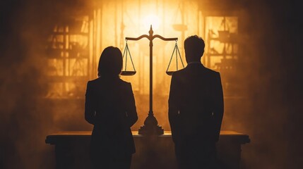 Lawyers Silhouette for Justice Scales, Courtroom.