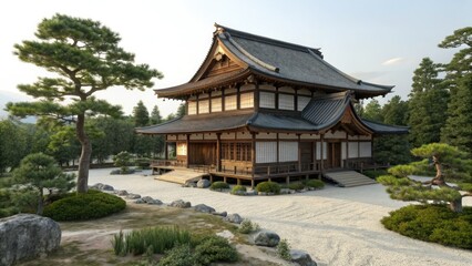 Fototapeta premium Isometric Silhouette: Japanese House CAD Model, 3D Rendering, Silhouette Photography, Trees, Architecture, Asian Design