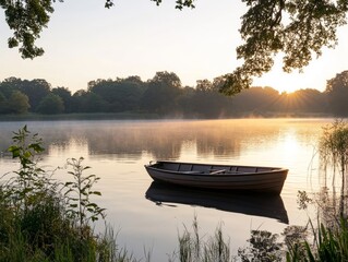 serene lakeside at sunrise, capturing the tranquil scene of a small fisherman's boat gliding across the shimmering water
